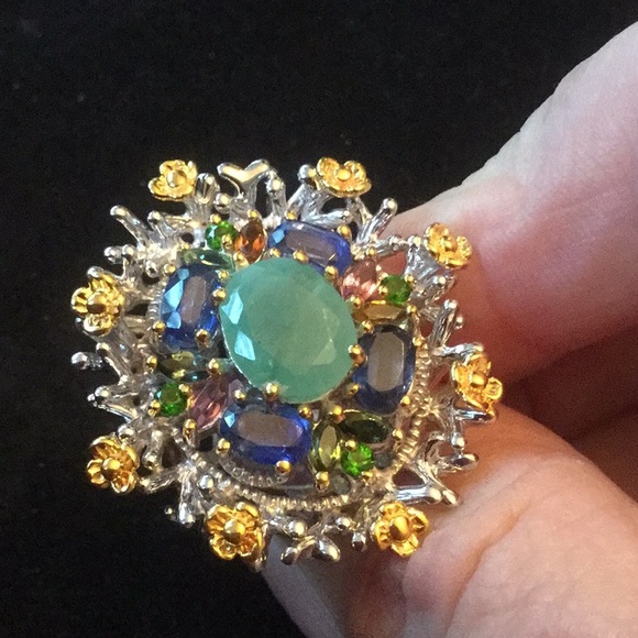 Fabulous Genuine Emerald, Tourmalines & Kyanite Ring - Picture 7 of 9